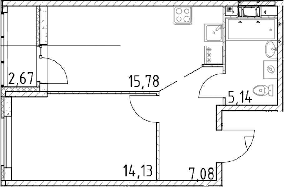 1-комнатная квартира 42.14 м², 12/17 эт., ЖК «Город Первых»